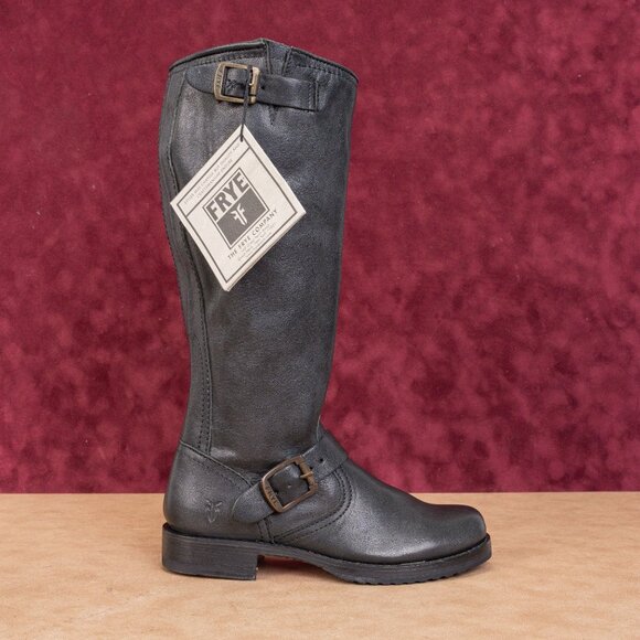 Frye Women Veronica Slouch Black Leather Moto Biker Buckle Boots size 6 - Picture 4 of 9